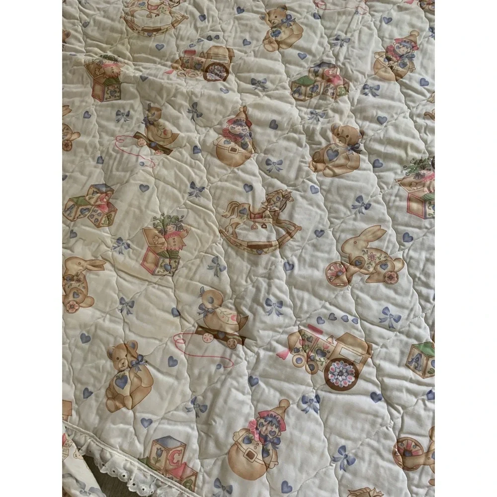 Vintage Teddy Bear Toy Box Quilted Baby Blanket and Ruffled Bed Skirt Set crib
